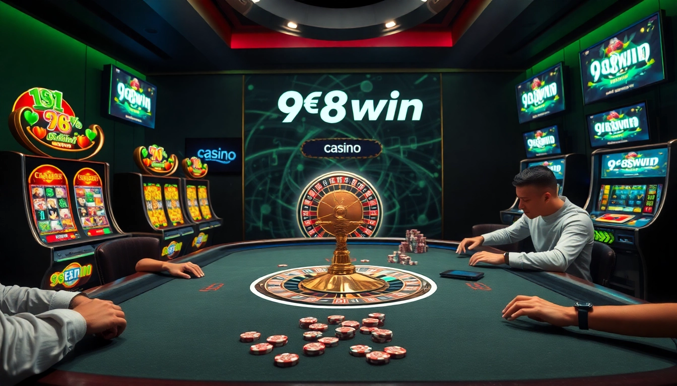 Experience thrilling gameplay at 98win with poker chips on a lavish casino table.