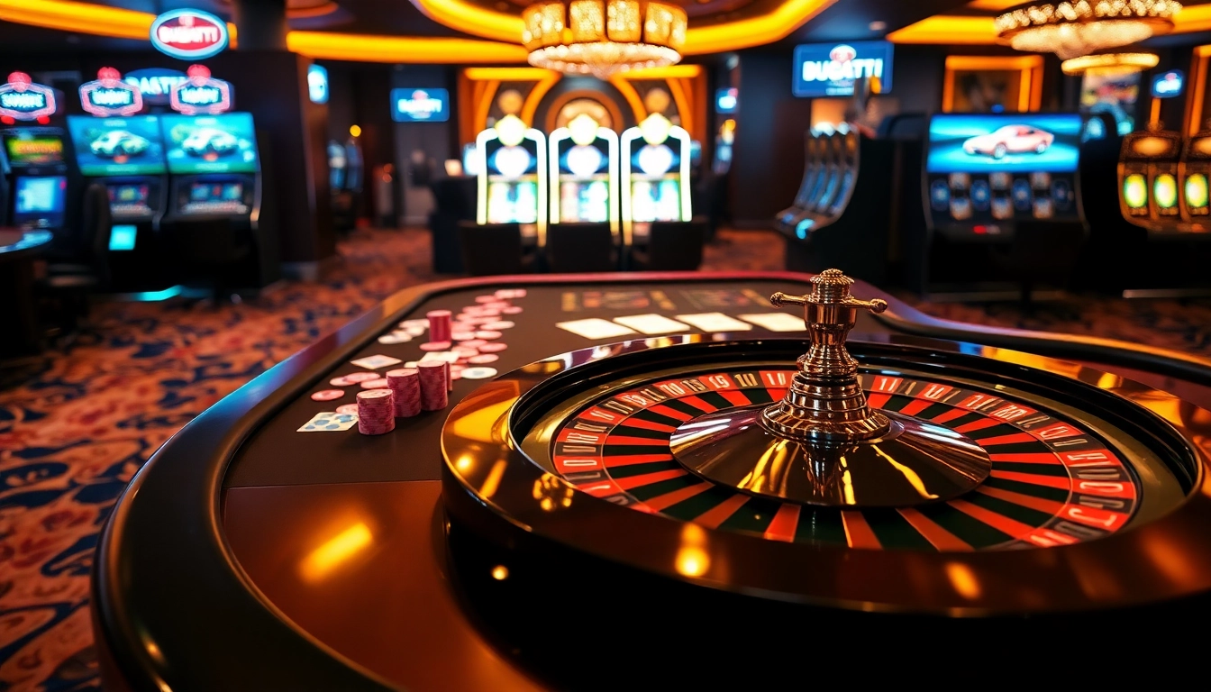 Experience the thrill of gaming with Bugatti8 at an elegant casino, featuring poker tables and roulette.