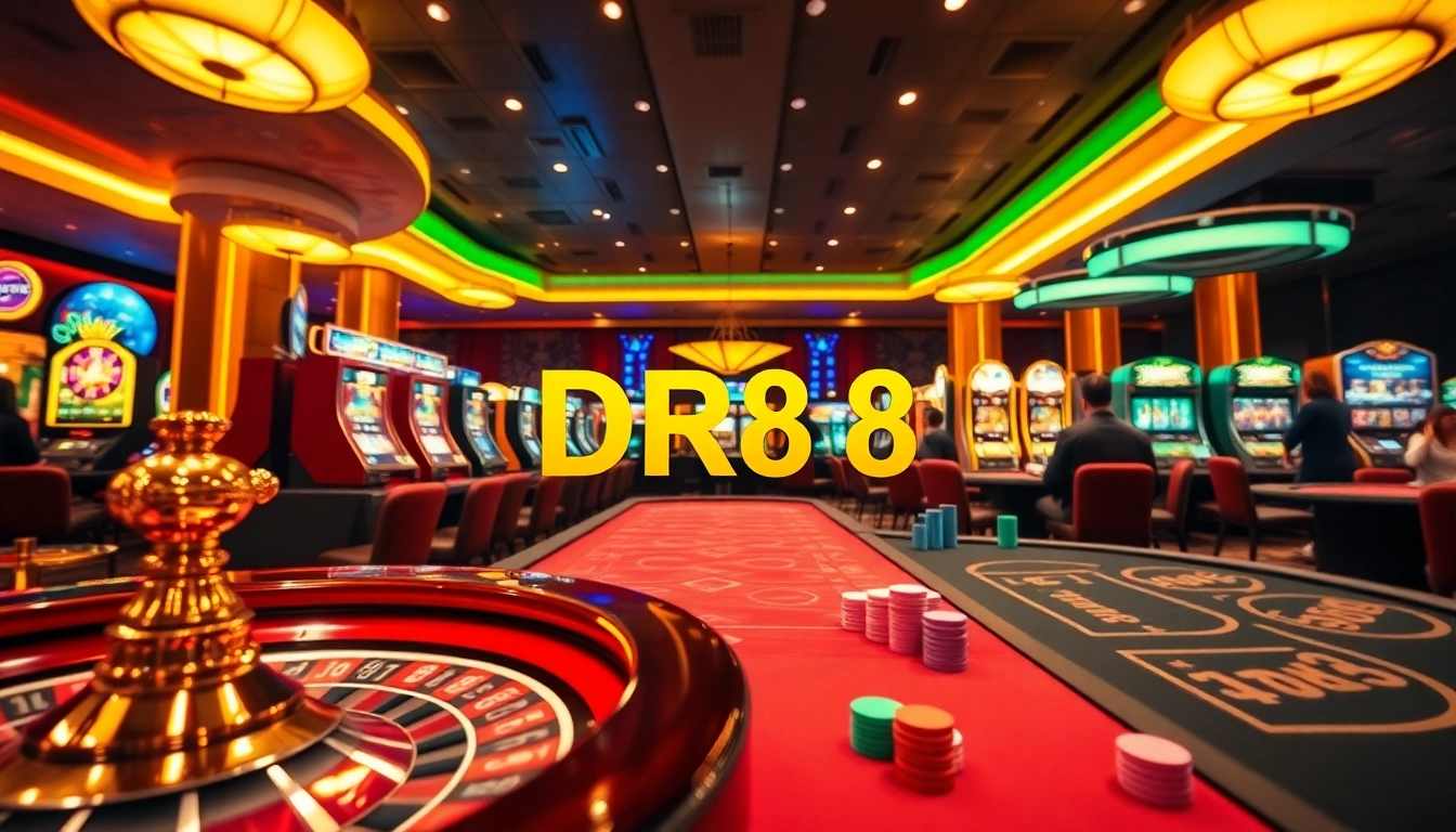 Experience high-stakes gaming excitement with DR88's dynamic casino atmosphere featuring vibrant tables and players.