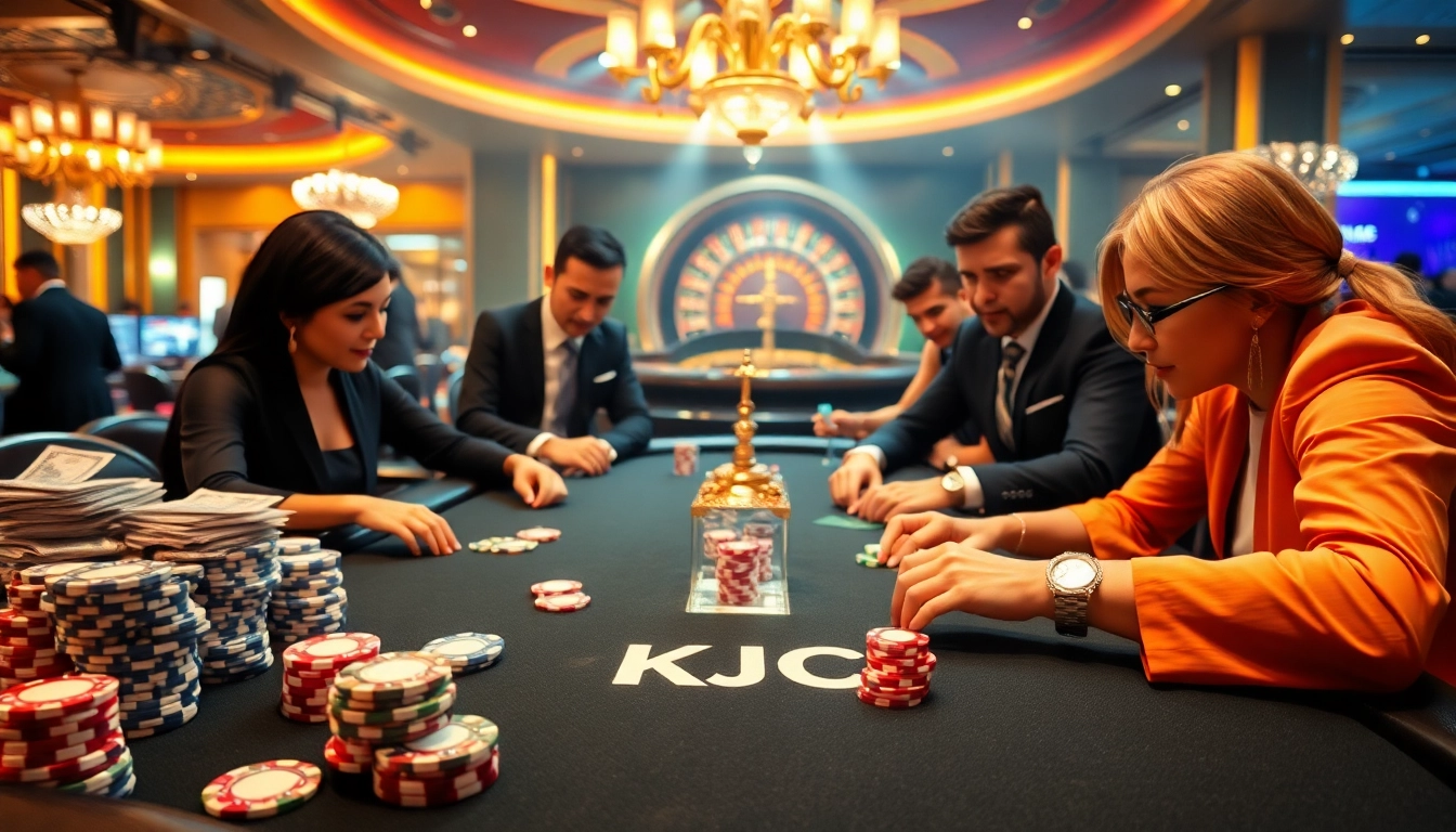 KJC poker table scene with players engaged in a high stakes game, showcasing casino chips and a roulette wheel.