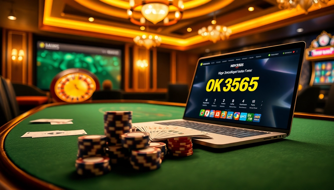 A thrilling casino scene highlighting professional poker action at https://ok365.free/ with vibrant slot machines and elegant decor.