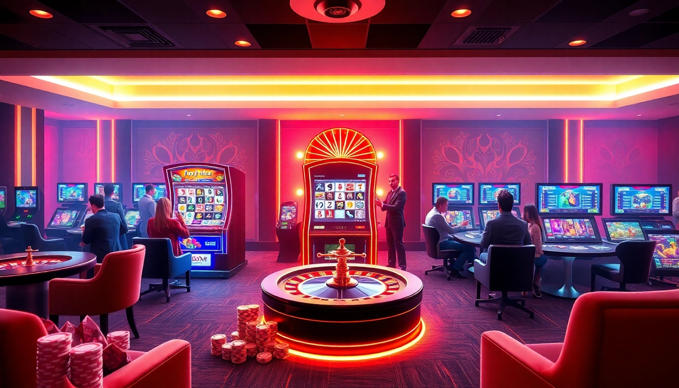 Experience Slot Online action with players enjoying vibrant slot machines and digital betting.