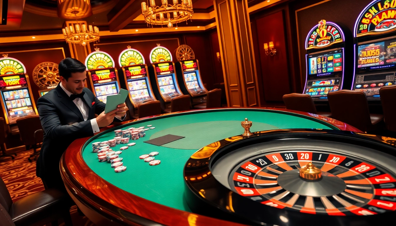 Excited players engaging at the glamorous 789club poker table and roulette wheel in a high-stakes casino.
