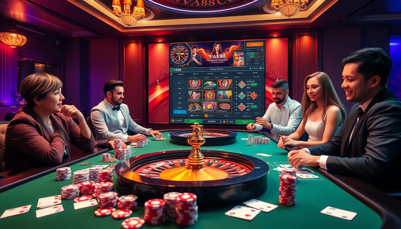 Engaging online casino atmosphere featuring VA88 com with cards, chips, and roulette.