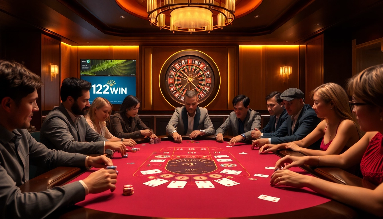 Players placing bets at a poker table in a luxurious 123WIN casino setting.