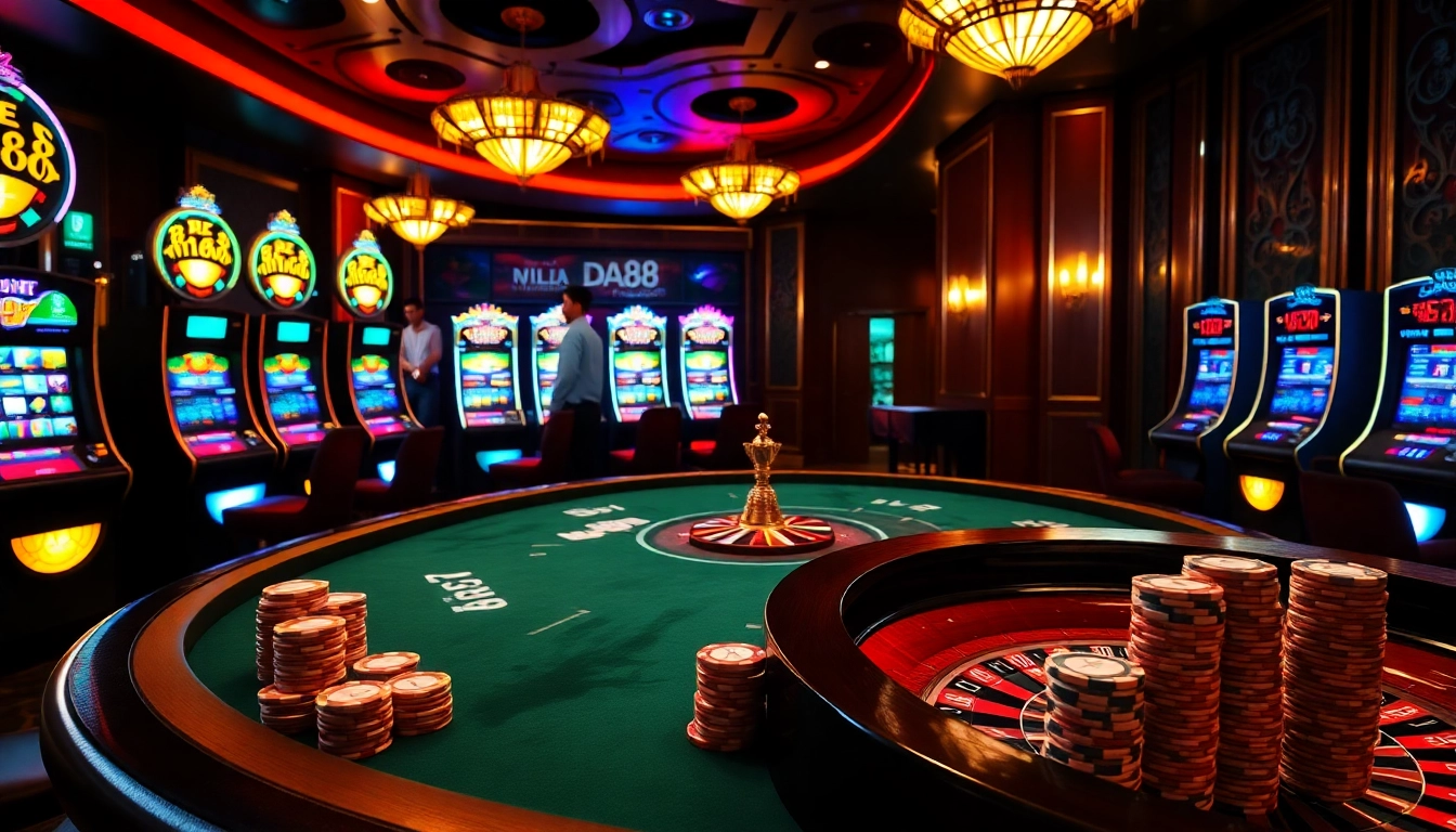 A high-stakes poker game at https://da88.co.im/ showcasing vibrant casino atmosphere with rich colors and exciting elements.