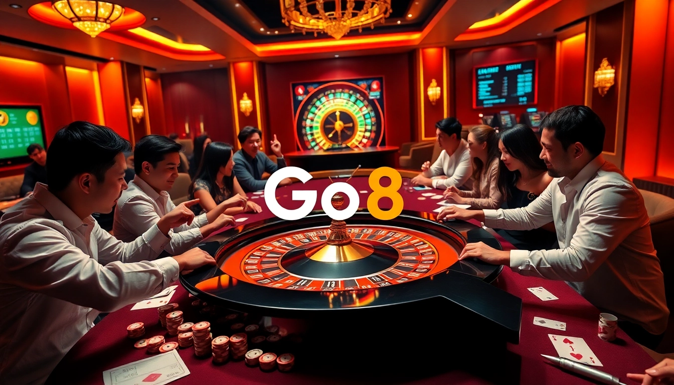 Exciting Go8 casino gaming scene with modern tables, players, and vibrant atmosphere.
