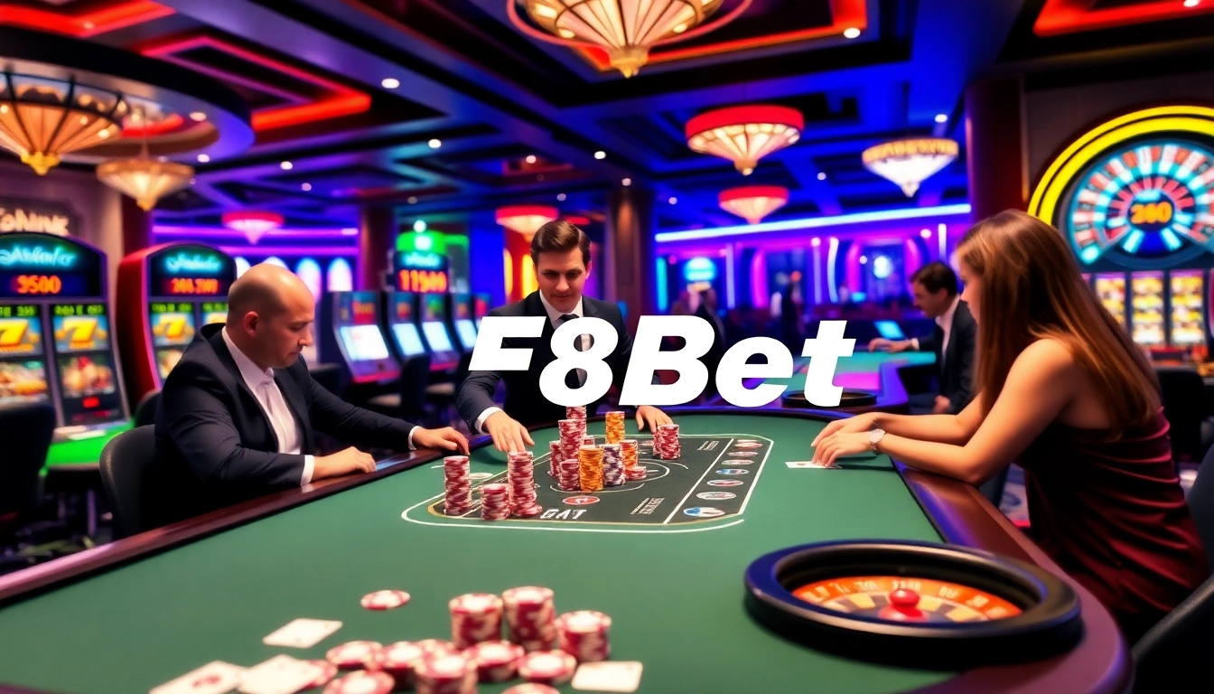 Players enjoying a thrilling game at the F8Bet poker table in a luxurious casino setting.