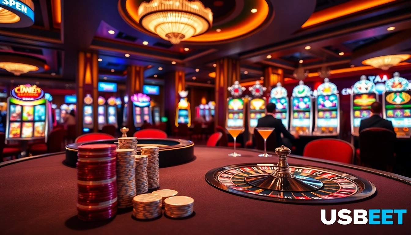 Experience the thrill of gambling at USBET casino with vibrant gaming tables and slot machines.