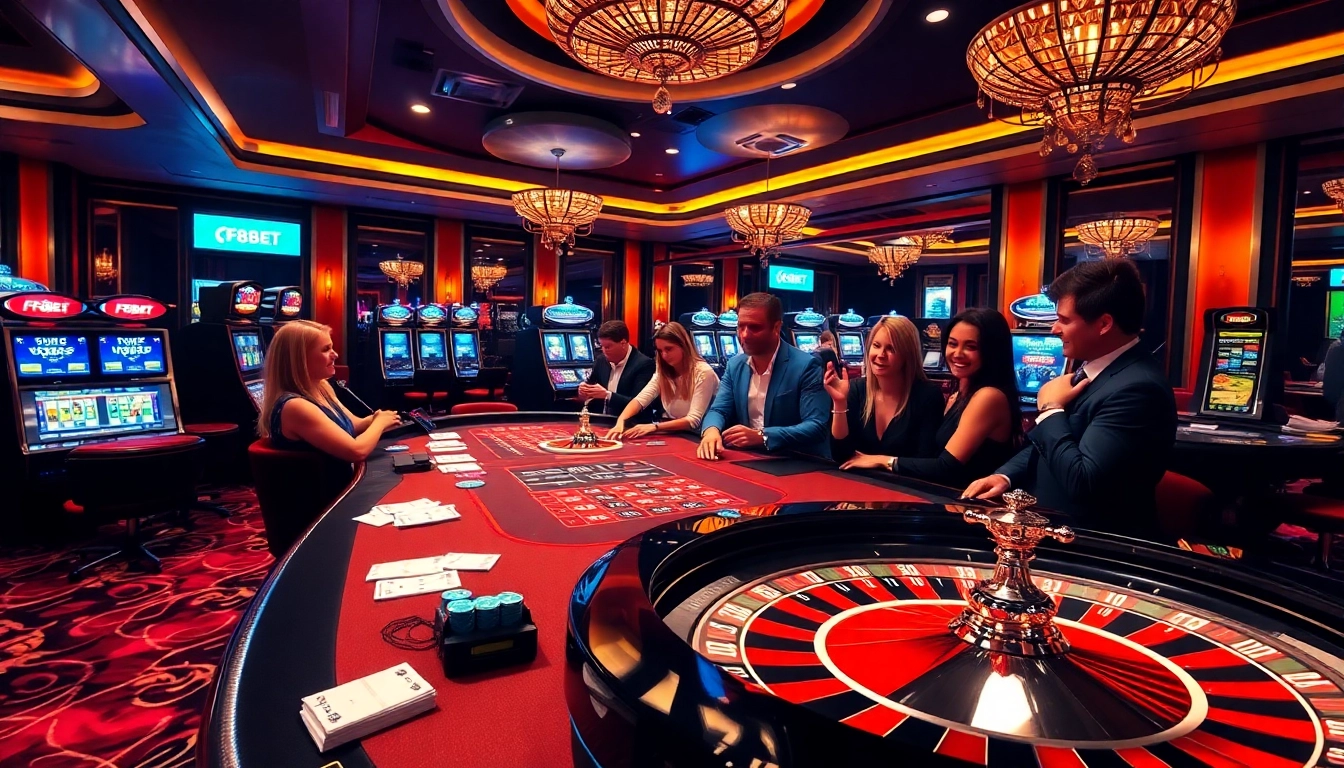 Excited players engaging in games at F8BET casino with vibrant atmosphere.