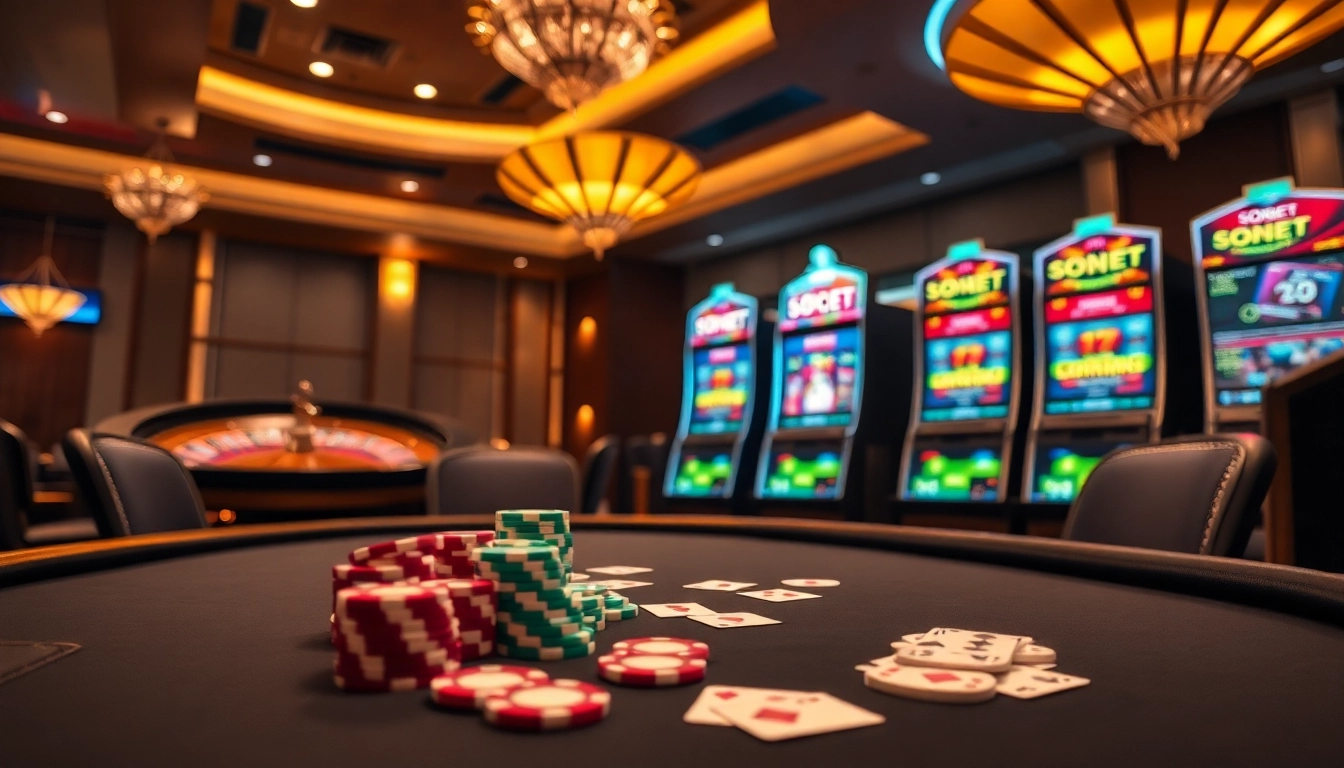 Engaging sbobet players at a high-stakes poker table with vibrant chips and cards.