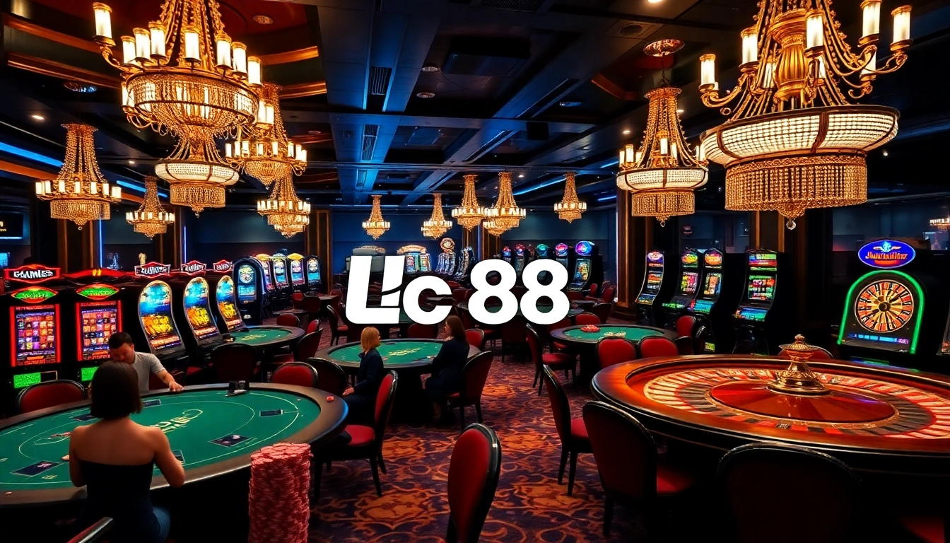 A thrilling Lc88 casino scene featuring engaged players at poker tables and roulette wheels, emitting luxury and excitement.