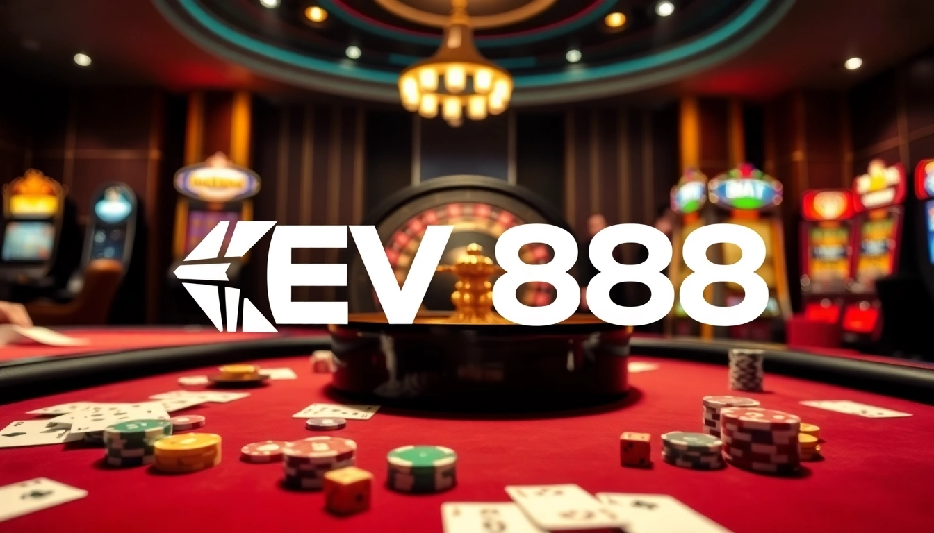 Engage in exciting gameplay at EV88's vibrant casino table with cards and chips.