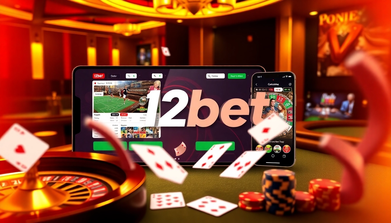 Engaging online gambling scene featuring 12bet with poker chips, casino tables, and vibrant digital betting interfaces.