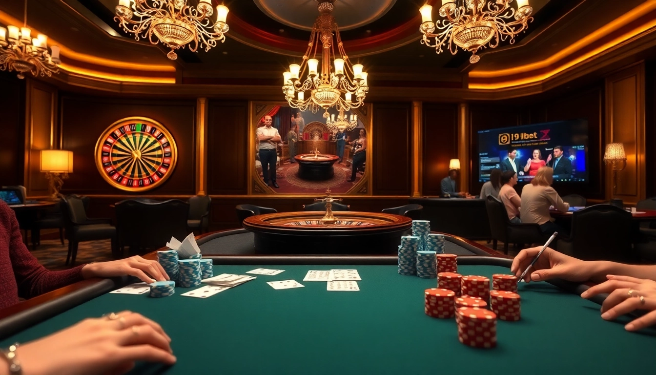Exciting poker game scene at i9bet casino with luxurious tables and professional players.