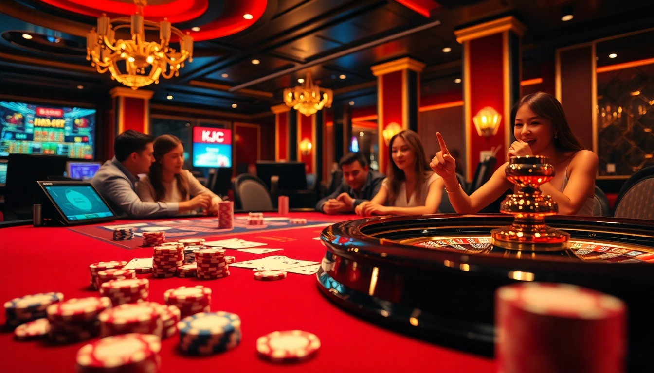 KJC players engage at a professional casino table, surrounded by poker chips and a roulette wheel.