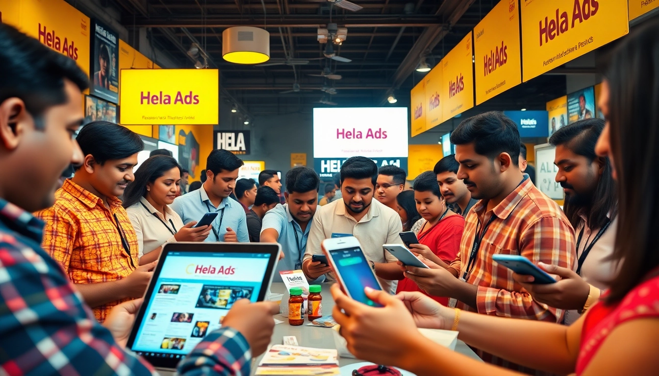 Engaging scene of users interacting with Hela Ads in a vibrant Sri Lankan marketplace.