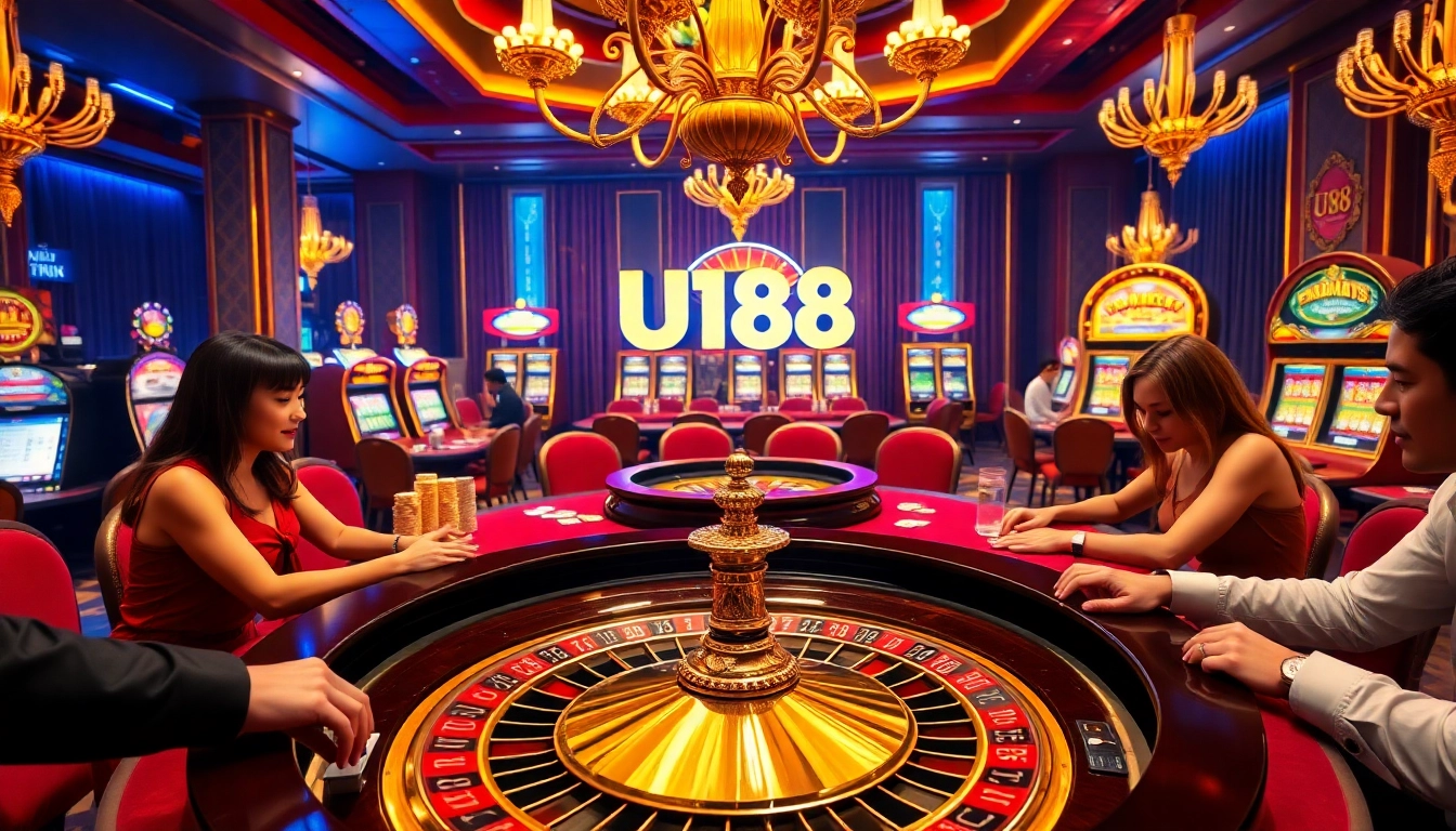 Engaging game scene at UU88 casino with poker players and vibrant roulette table.