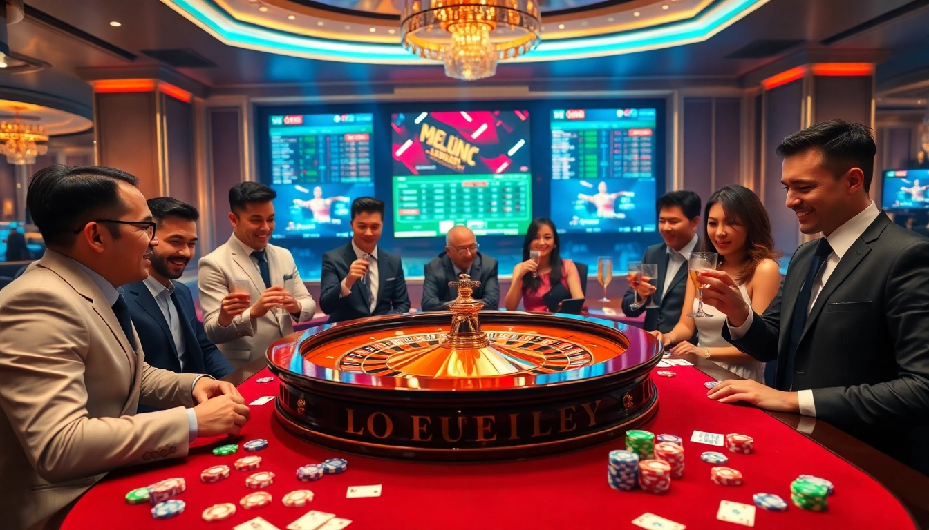 Exciting gaming experience at Trang chủ Sky88 featuring a vibrant roulette table with engaged gamblers.