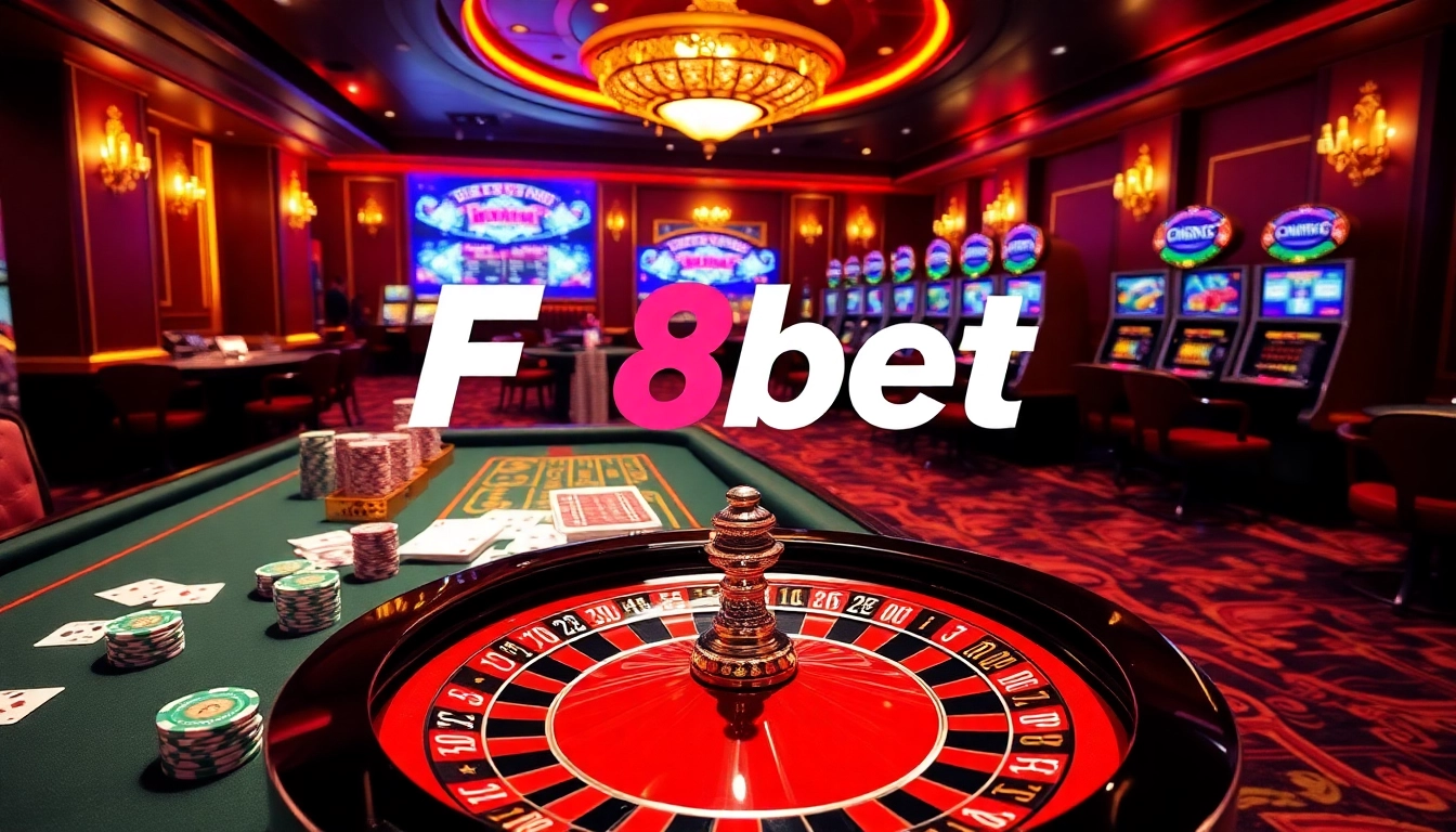 Exciting casino scene showcasing F8bet gaming interface with vibrant tables and roulette wheel.