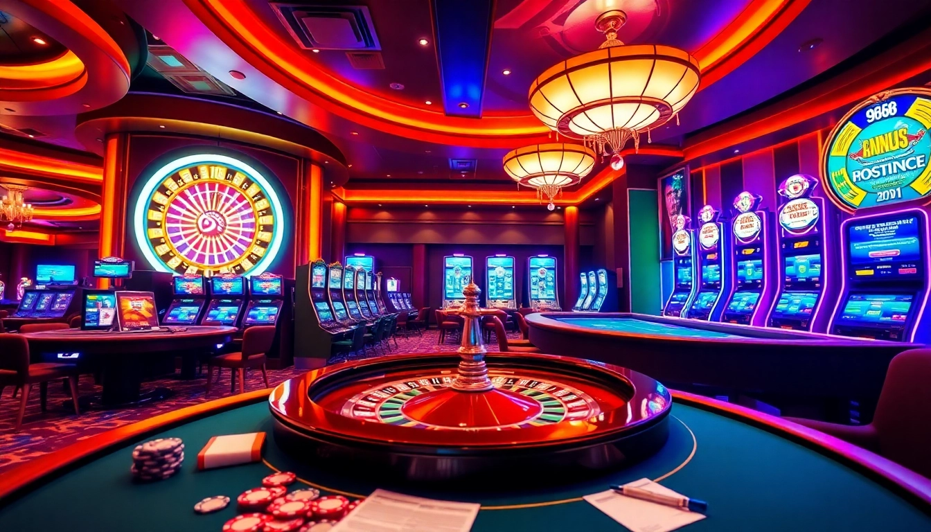 Explore gaming excitement at Trang Chủ BJ88 with vibrant casino elements like roulette wheels and poker chips.