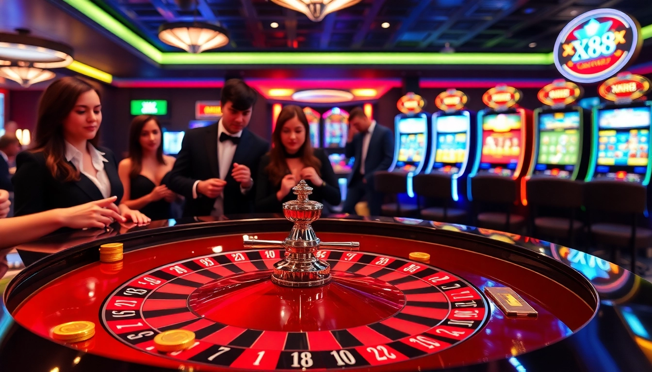 Gamblers enjoying an exciting game at xn88's luxurious casino table with vibrant roulette and chips.