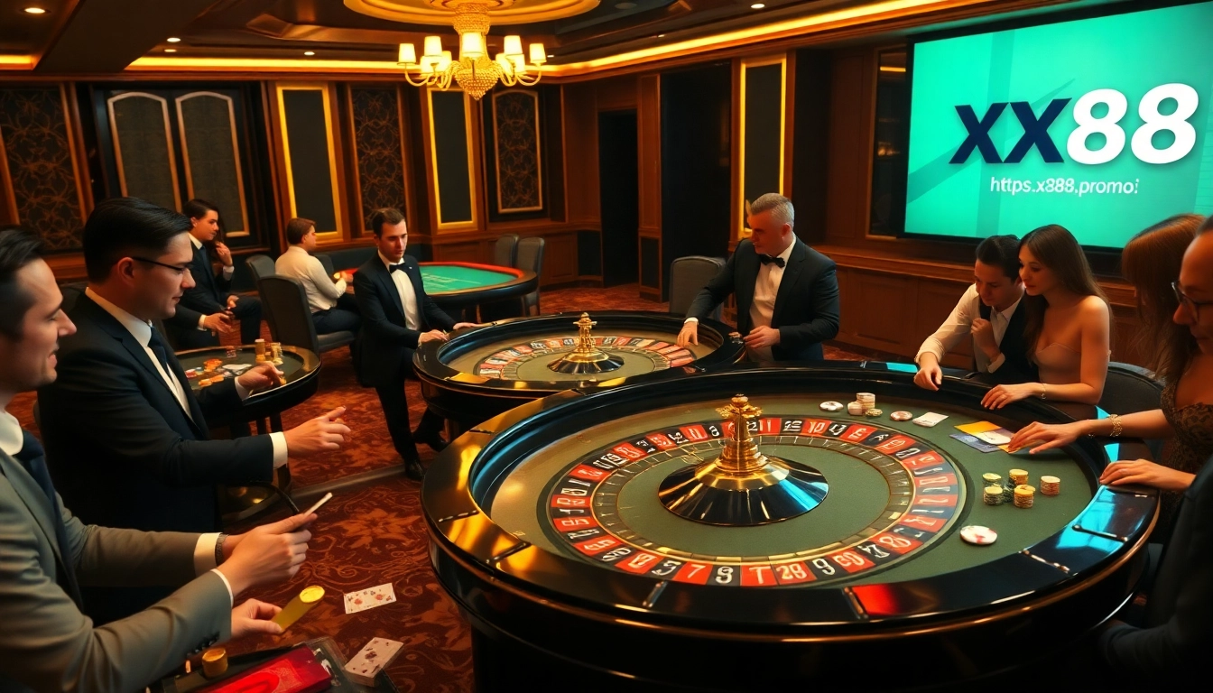 Engaging high-stakes gambling scene at https://xx88.promo/ with roulette, poker chips, and elegant players