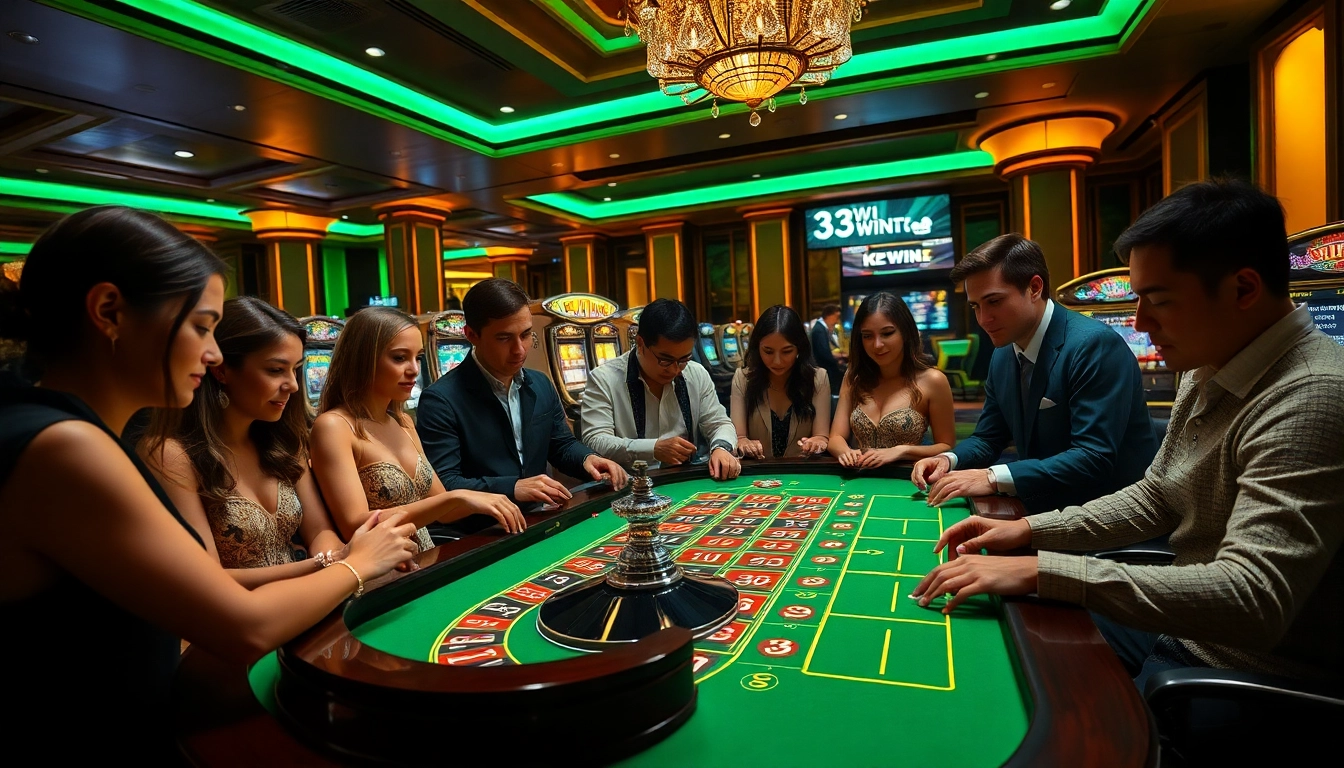 Engaged players celebrating wins at the 33WIN casino, surrounded by roulette and poker elements.
