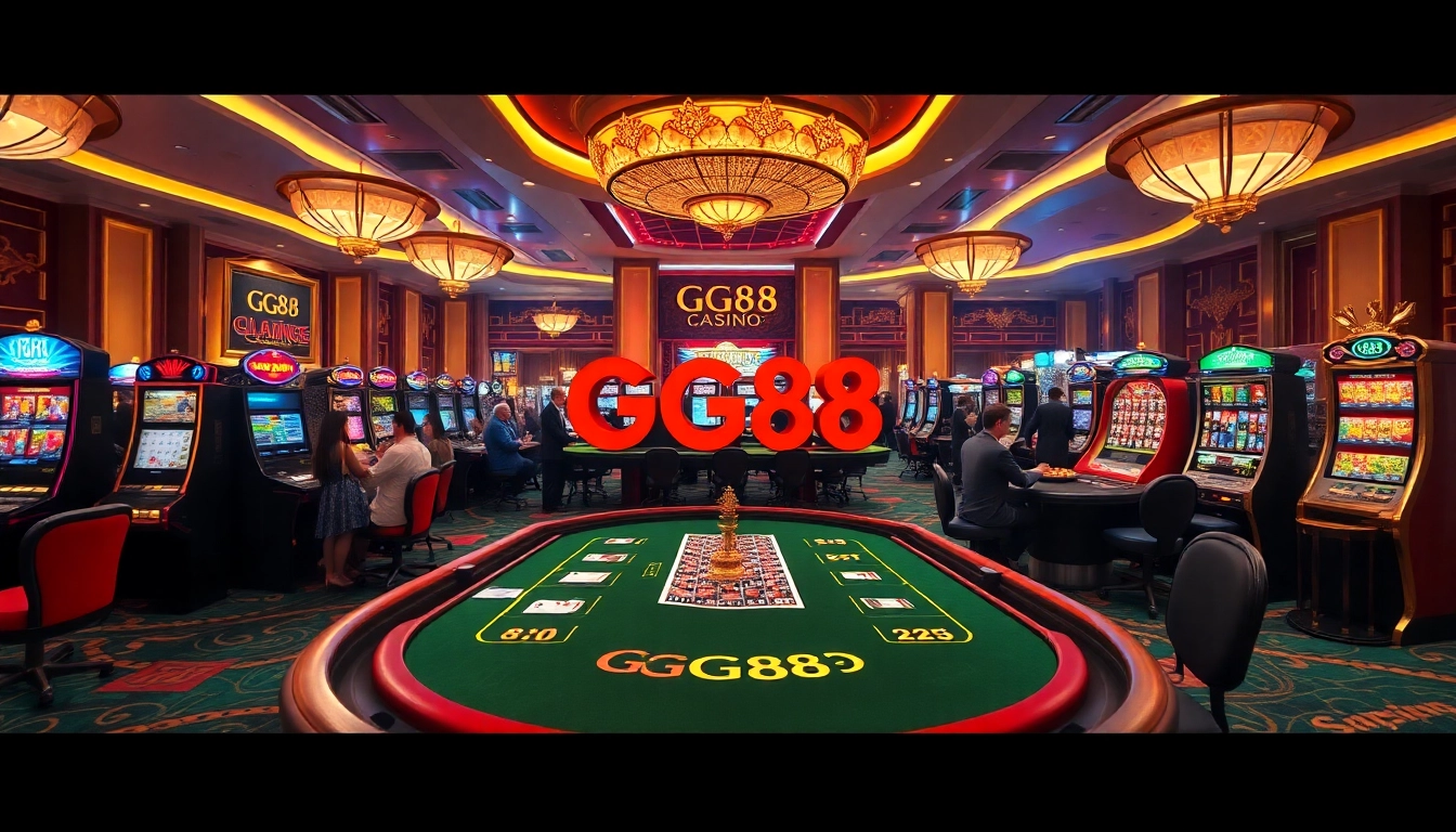 Experience the excitement of GG88 with vibrant casino visuals featuring poker tables and roulette wheels.