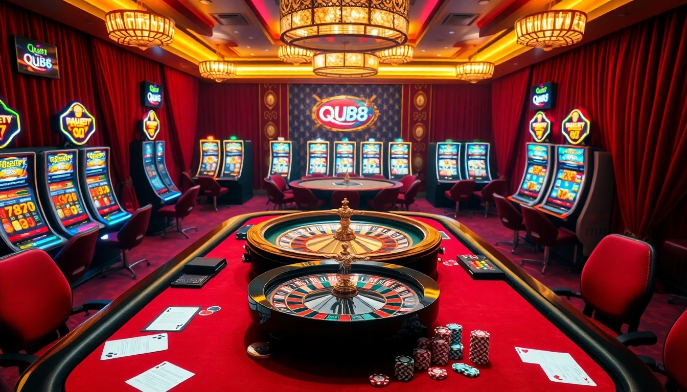Playing cards and roulette at Trang Chủ QQ88 casino scene showcasing luxury and excitement.