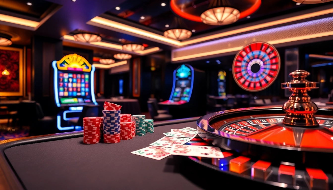 Experience thrilling gambling excitement at https://www.jun88.org/ with vibrant poker chips and a roulette wheel.