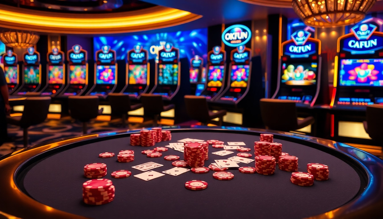 Experience thrilling gaming action at OKFUN casino with vibrant slot machines and elegant tables.