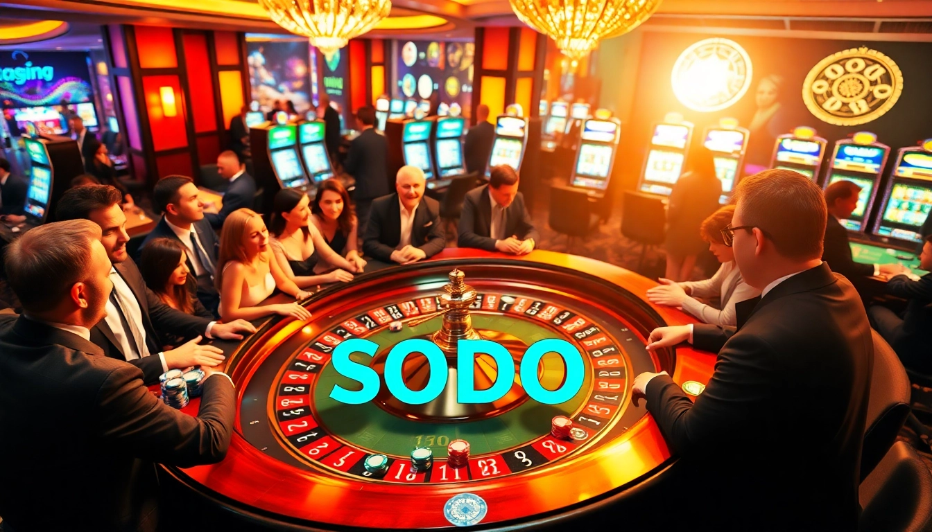 Players enjoying high-stakes action at a SODO-themed casino roulette table filled with vibrant poker chips.