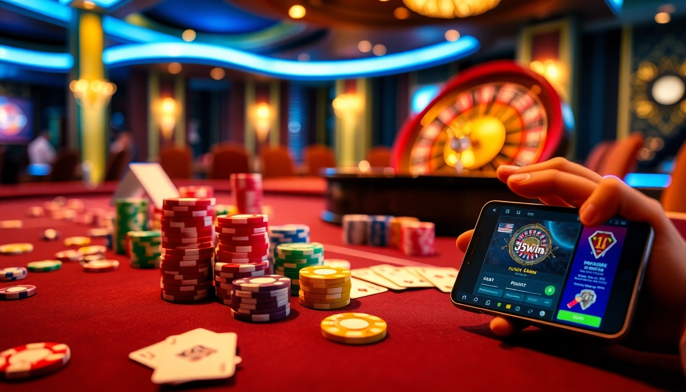 Engage in high-stakes poker at 13Win's luxurious casino with vibrant chips and cards.