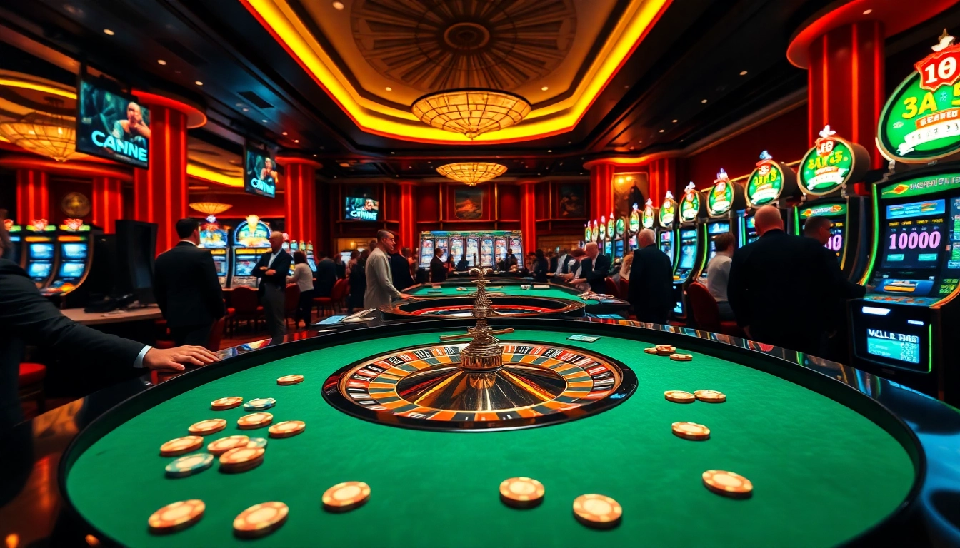 Exciting casino scene at https://iwincom.net/ with roulette and poker players engaging in high-stakes games.