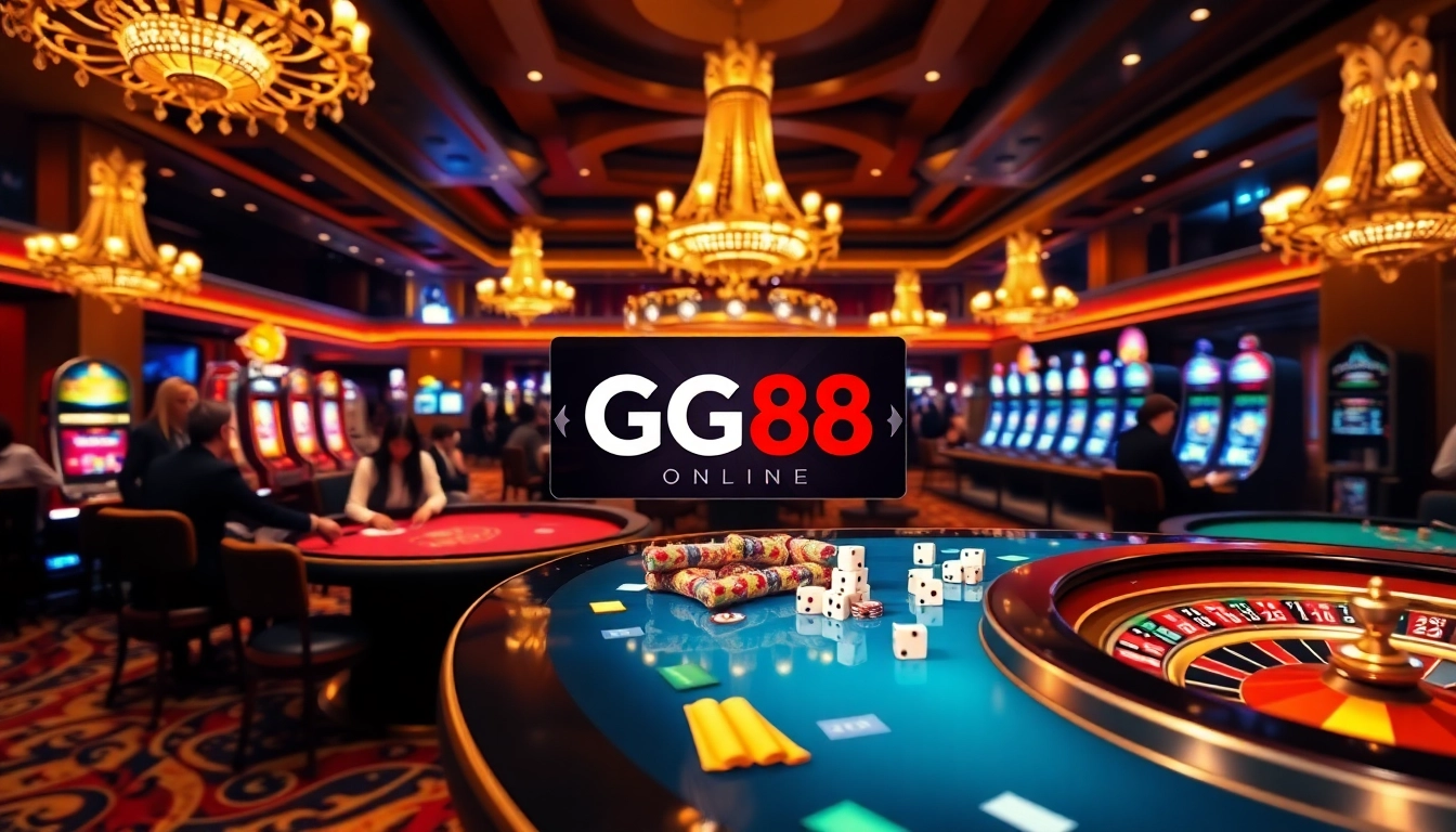GG88 online gaming interface amid a luxurious casino atmosphere featuring dynamic tables and vibrant colors.
