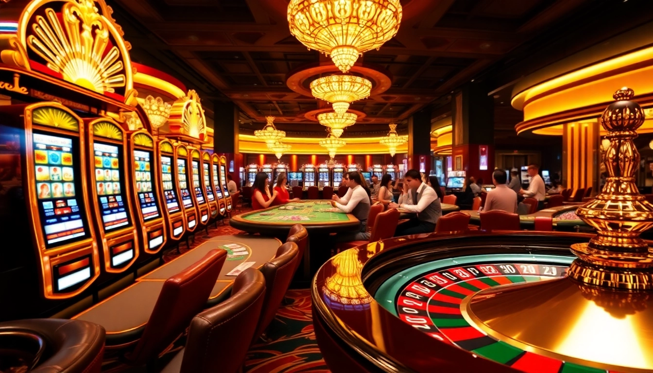 Kp88.com showcases lively casino action with players enjoying poker and slot machines in an upscale setting.