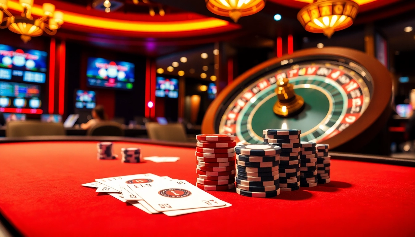 Exciting poker action at a luxurious table, from https://s8limited.com/, showcasing vibrant chips and a spinning roulette wheel.