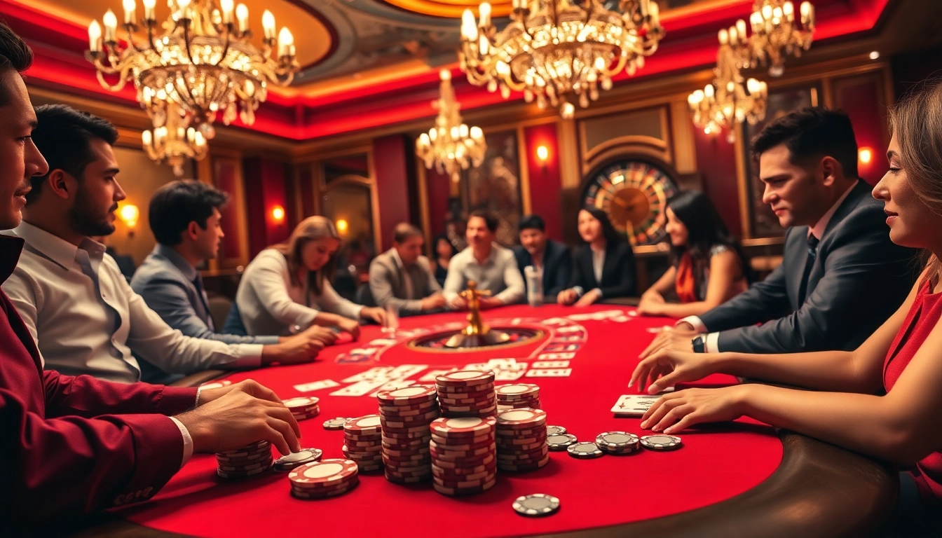 Engaging players at a poker table with TR88 bets in a luxurious casino setting.