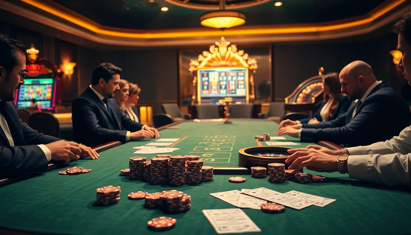 Experience the thrill of high-stakes gambling at XX88 casino, featuring elegant poker tables and vibrant slot machines.