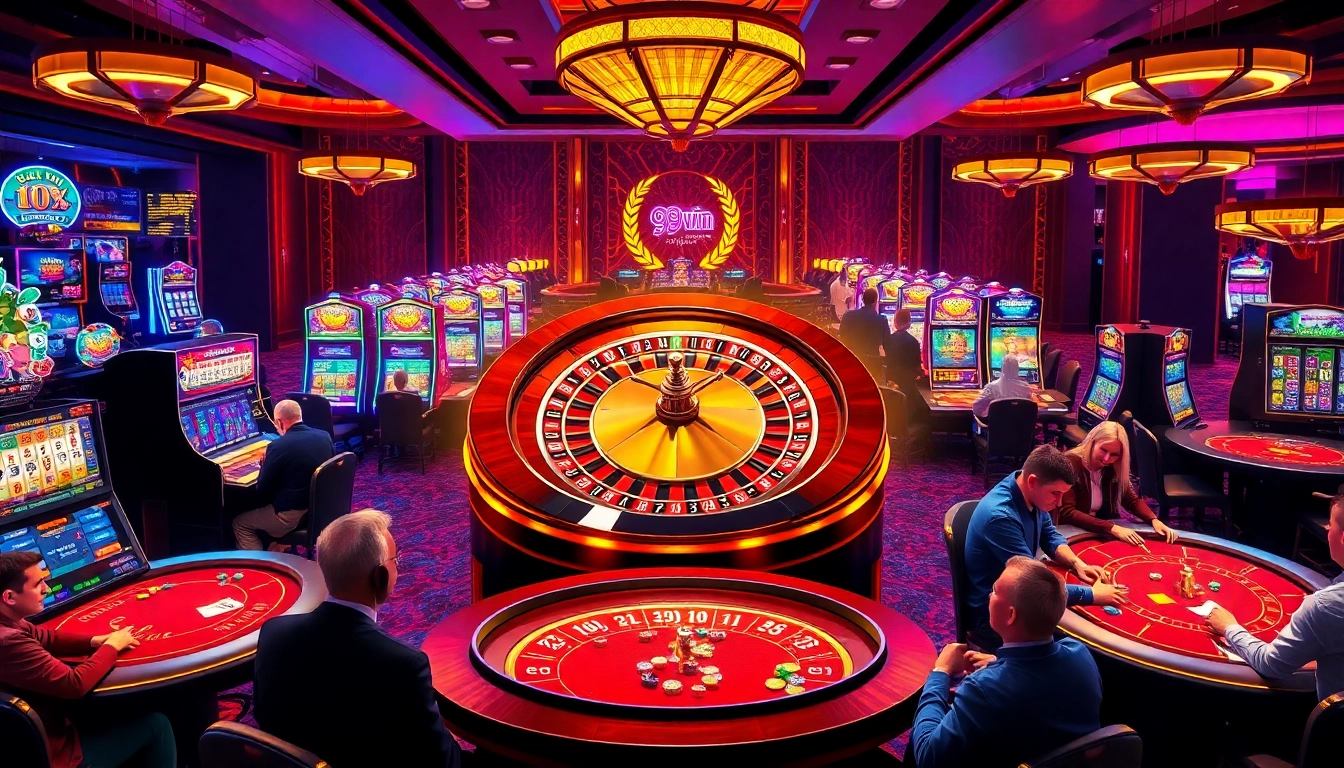 Players enjoying a thrilling casino atmosphere at 99win with roulette and poker tables.
