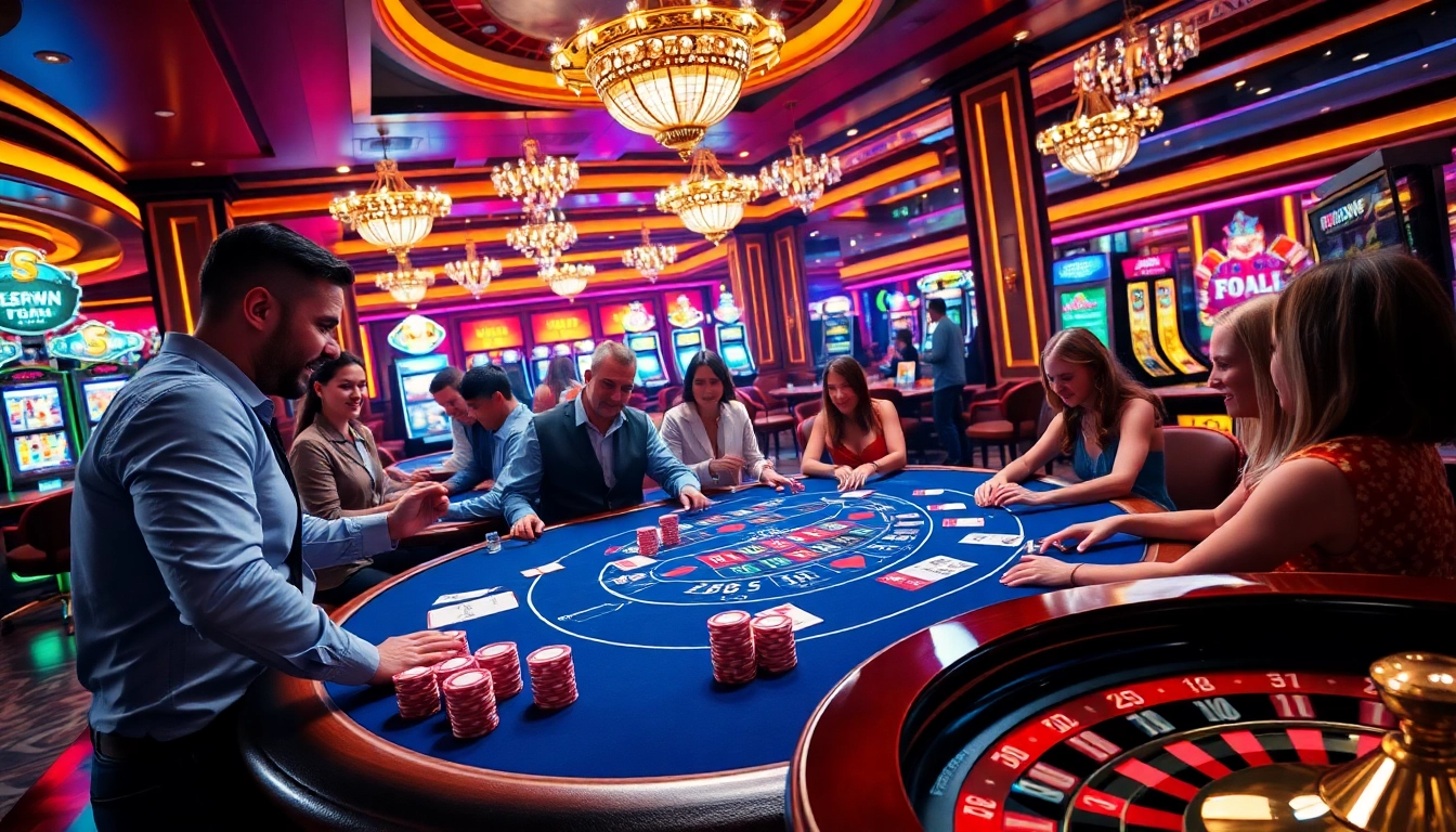 SUNWIN players enjoying blackjack with colorful chips in a luxurious casino atmosphere.