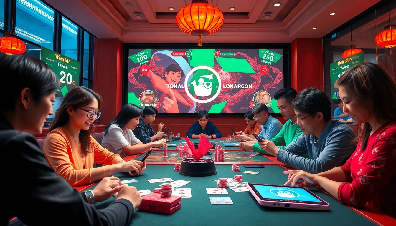 Engaging gaming scene showcasing topgamebaidoithuong.mx with players enjoying traditional Vietnamese card games on digital platforms.
