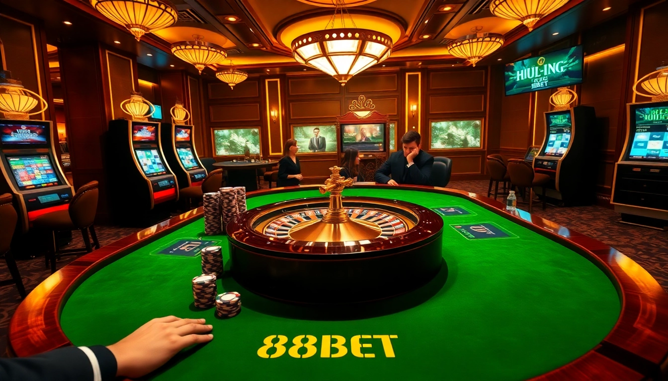 Engaging gameplay at nhà cái 88BET with players at a luxurious casino table, poker chips and roulette wheel.