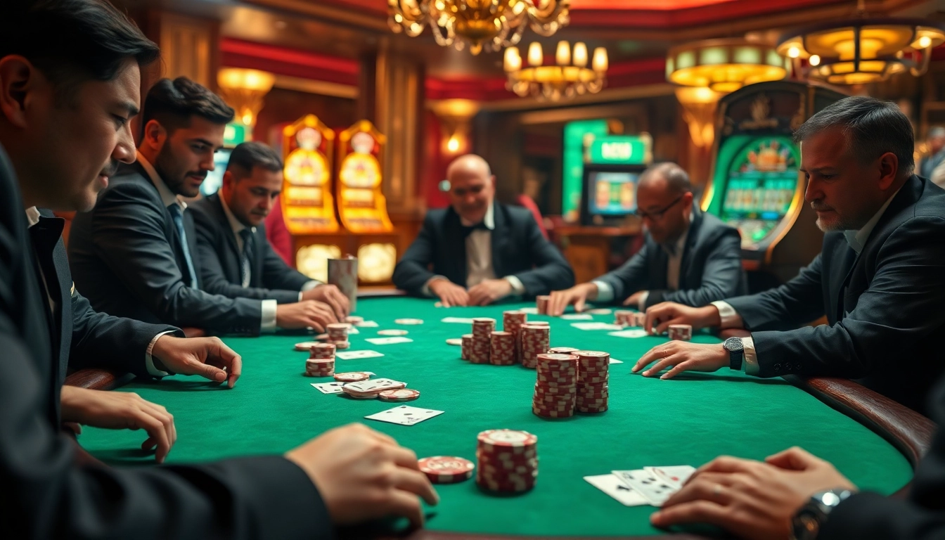 Betting action at a luxury poker table representing vip66.com with players and poker chips.