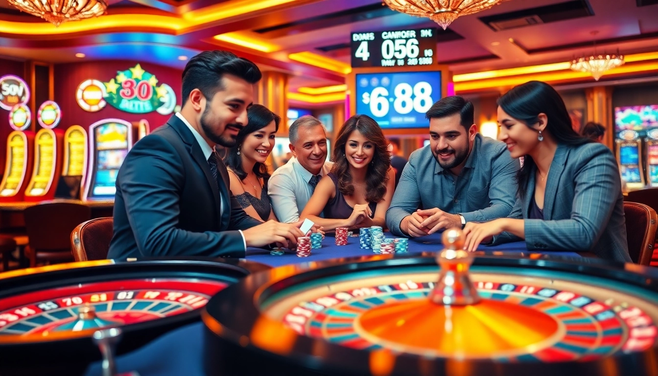 Action-packed scene of players enjoying go 88 at a luxurious casino table with chips and cards.