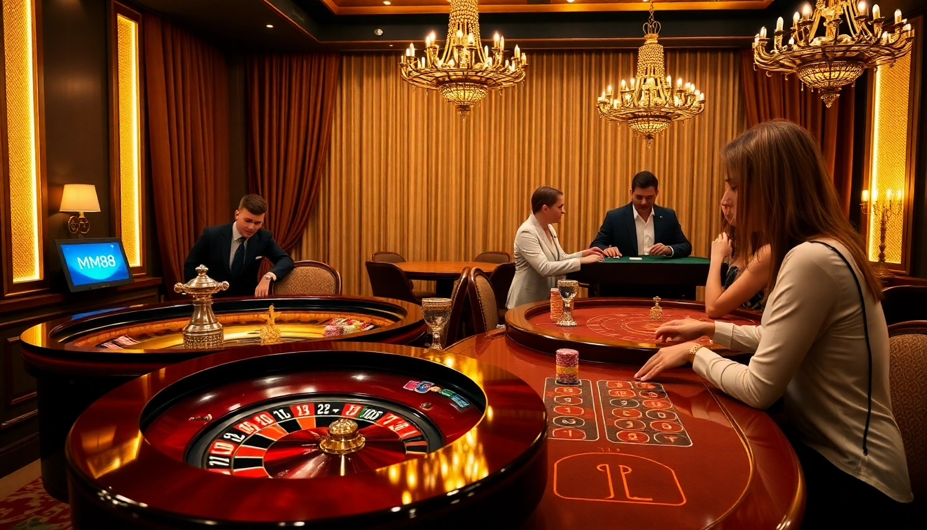 Casino excitement with MM88 branding, showing players at a poker table and roulette wheel.