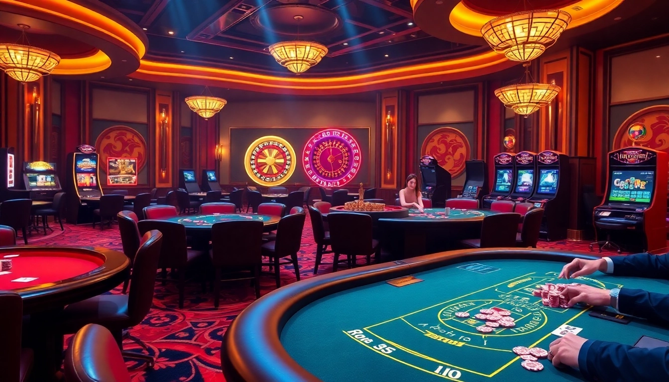 Players enjoying diverse games at RR88, featuring poker tables, roulette, and slot machines.