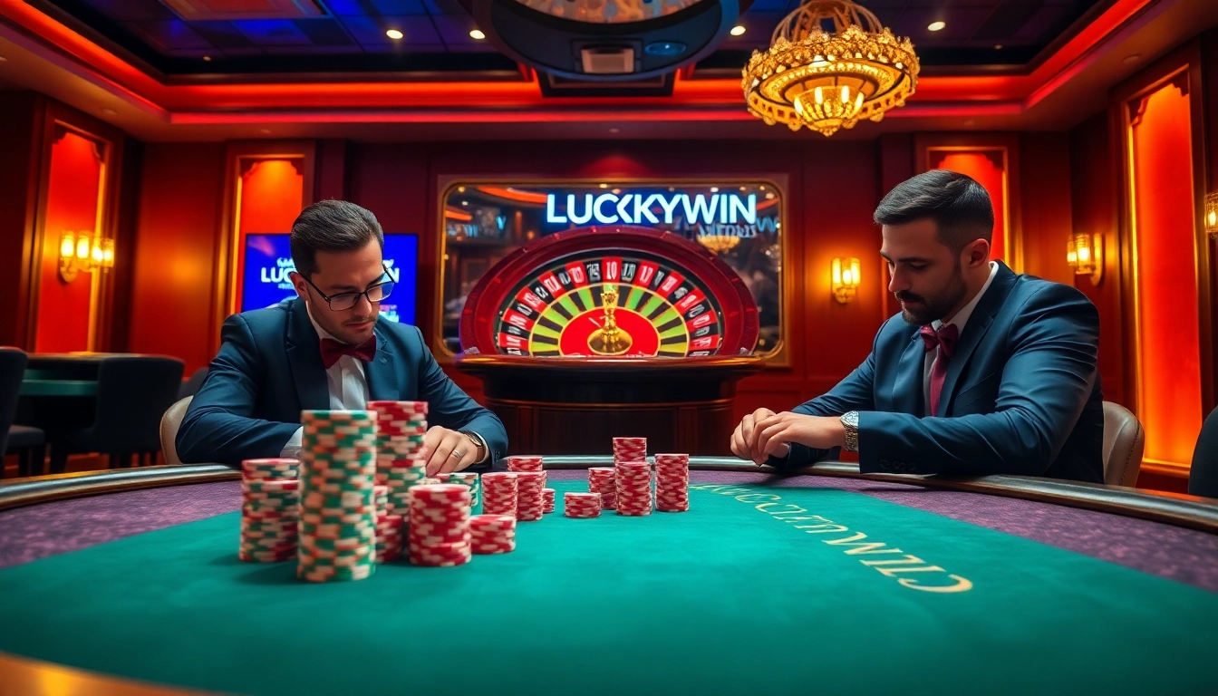 LUCKYWIN casino players betting on a poker game at an elegant table with vibrant roulette in the background.