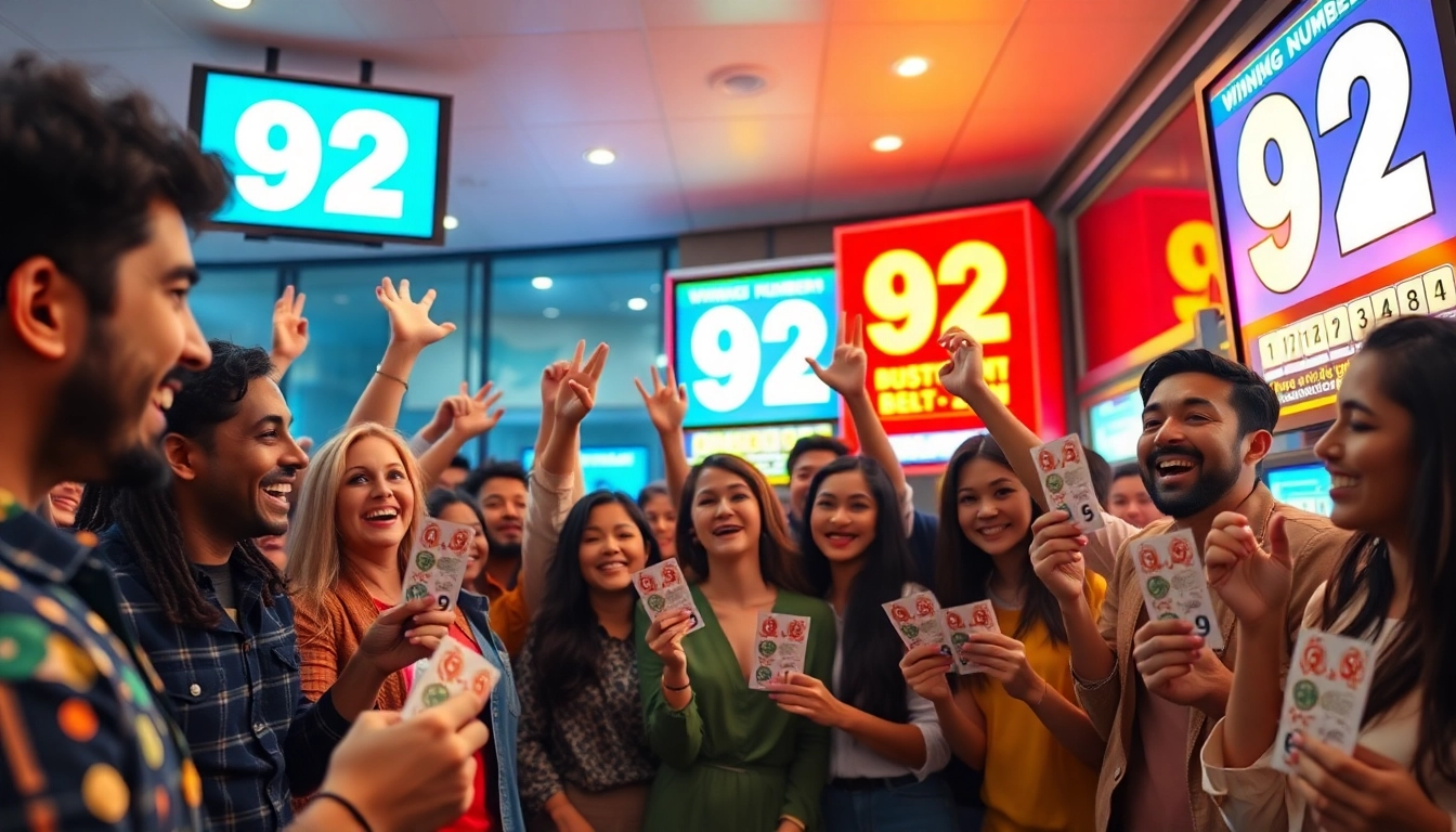 Celebration of 92 lottery winners in a modern lottery office.